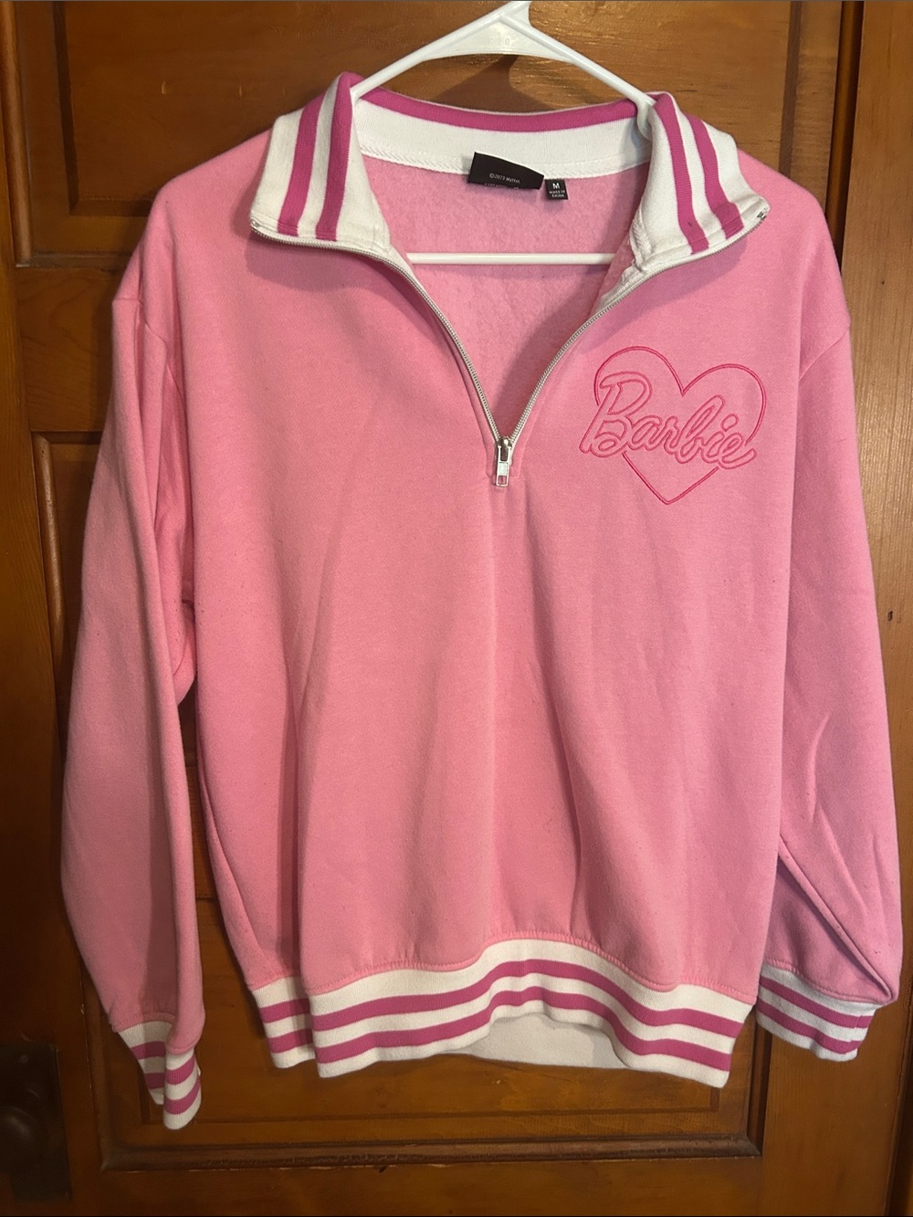 Barbie Pink & White Quarter-Zip Sweatshirt with Heart Logo